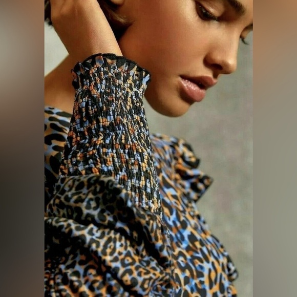 Anthropologie Bl^nk Moira Ruffled Peplum Leopard Print Top - Picture 4 of 10